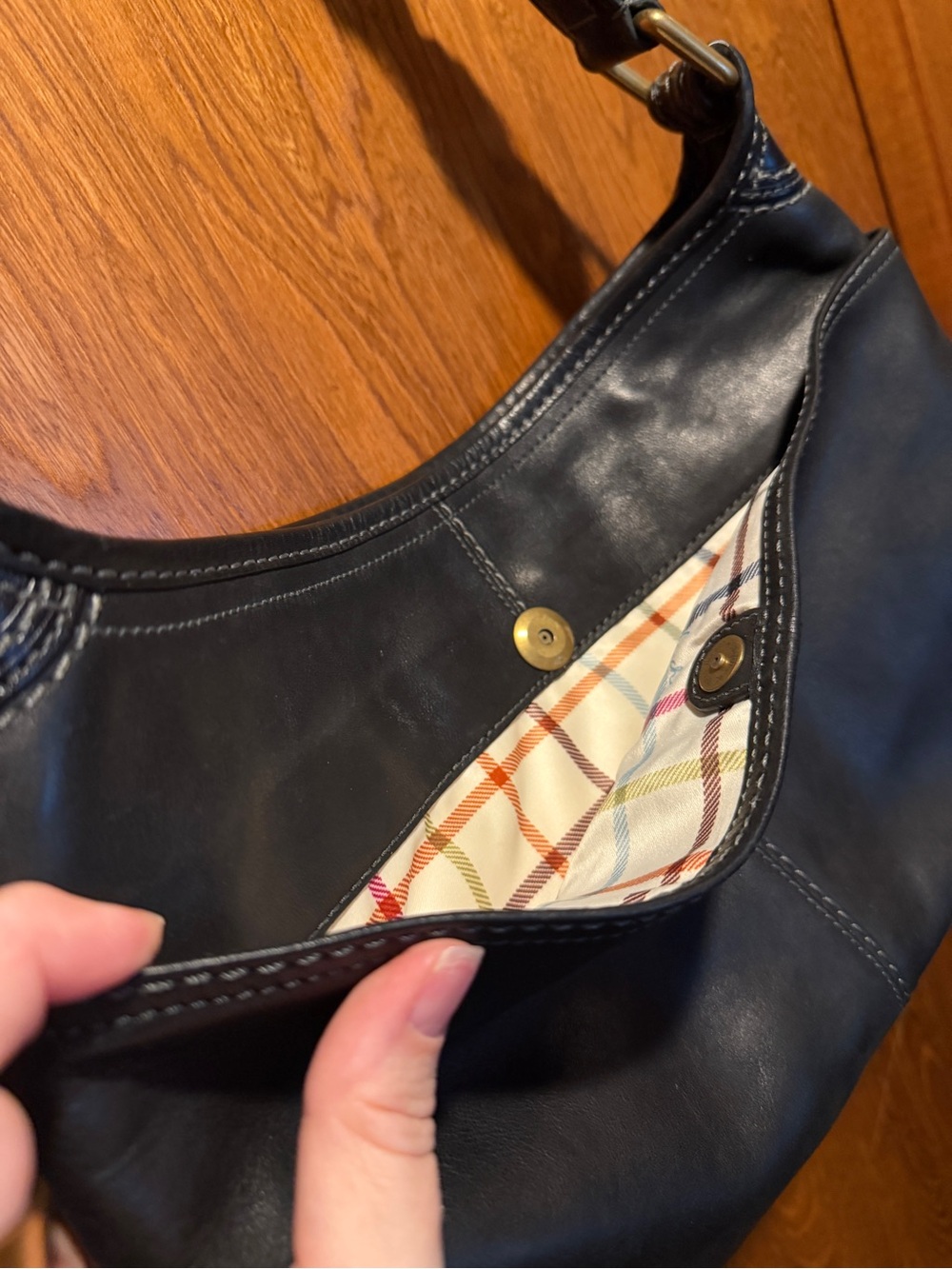 Coach Black Leather Shoulder Bag with Plaid Interior